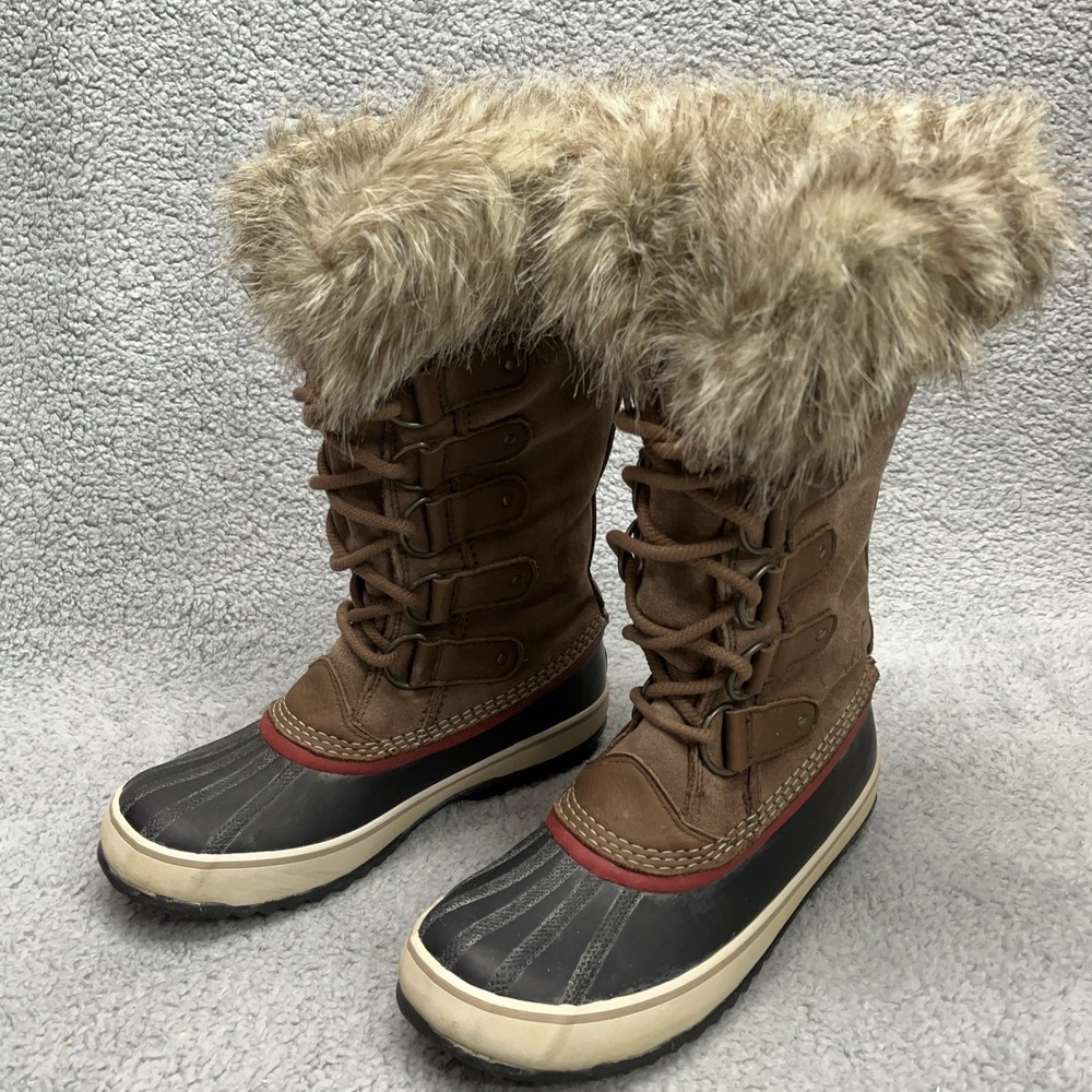 Sorel Joan Of Arctic Boots Womens 9 Camel Brown Waterproof Suede Faux Fur Winter